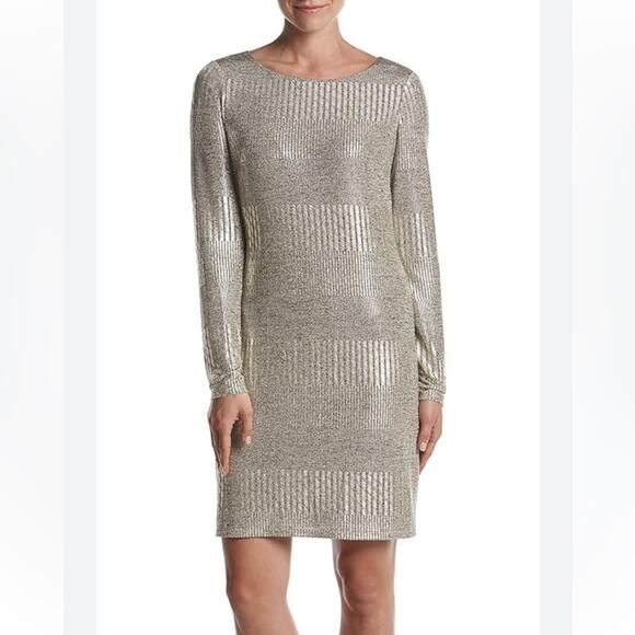 ELIZA J Metallic Gold striped Jersey Knit Cocktail Party Dress NWT Size 6 - Picture 2 of 12